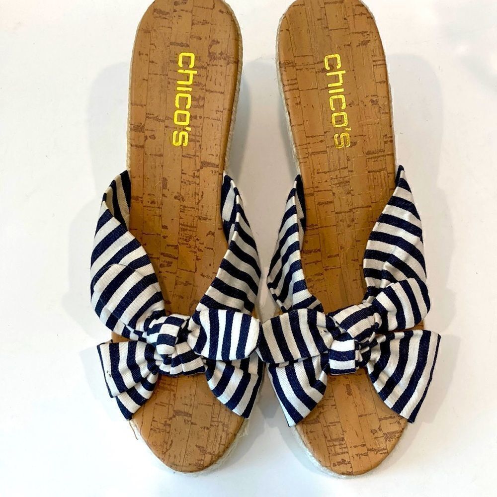 Chico's Espadrille Striped Bow Slip-On Wedge Sandals size 9